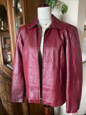 Clio Deep Red Leather Zip-Front Bomber Jacket